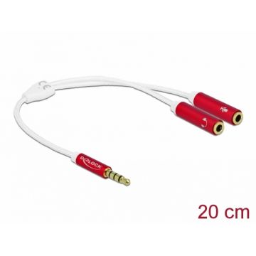 Adaptor Stereo jack 3.5mm la 2 x jack 3.5mm pentru casca + microfon T-M (CTIA) 20cm Alb, Delock 66519