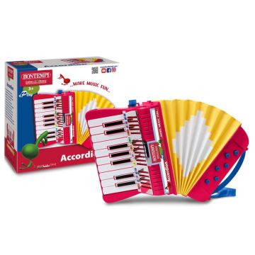 Acordeon, Bontempi, Cu 17 clape si 6 butoane de bas, Curea de umar inclusa, 21x12x21 cm, 36 luni+, Red