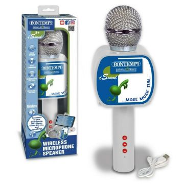 Microfon karaoke, Bontempi, Wireless, Include cablu de incarcare USB Type-C, Cu diverse functii vocale, Timp de utilizare 2-3h, 8,5x6,5x2,4 cm, 36 luni+, White