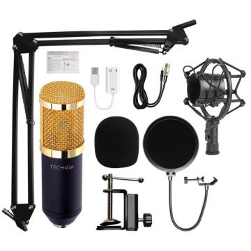 Microfon Profesional de Studio, Techstar® BM800 Condenser, Stand Inclus pentru Inregistrare Vocala, Streaming, Gaming, Podcast, Vlog, Gold Microfon Profesional de Studio, Techstar® BM800 Condenser, Stand Inclus pentru Inregistrare Vocala, Streaming, Gaming, Podcast, Vlog, Gold