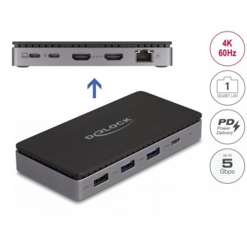 Docking station USB type C la Dual HDMI MST 4K60Hz/USB/Gigabit LAN/PD 3.0 85W, Delock 88271