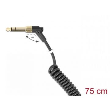 Cablu spiralat jack stereo 3.5mm T-T unghi/unghi + adaptor 6.35mm 0.75m, Delock 85777