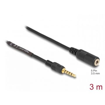 Cablu prelungitor jack stereo 3.5mm 5 pini T-M 3m Negru, Delock 85733