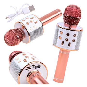 Microfon pentru karaoke, Jokomisiada, Wireless, Cu lumini, Optiune bluetooth, Cu diferite functii si butoane, Compatibil cu Android si IOS, Durata baterie 6-8h, Include si cablu USB pentru incarcare, 3 ani+, Rose Gold