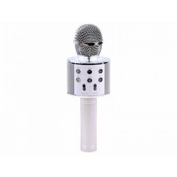 Microfon pentru karaoke, Jokomisiada, Wireless, Cu lumini, Optiune bluetooth, Cu diferite functii si butoane, Compatibil cu Android si IOS, Durata baterie 6-8h, Include si cablu USB pentru incarcare, 3 ani+, Silver