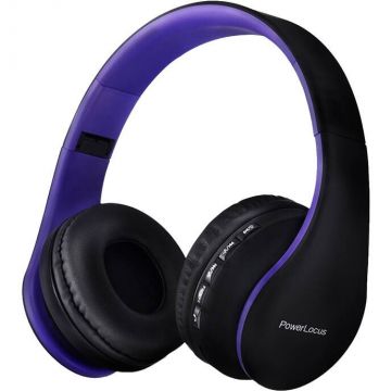 PowerLocus Casti Wireless Over-Ear PowerLocus P1, HD Stereo Pliabile, Bluetooth 5.3 cu optiune AUX, Micro SD / TF, FM Microfon Incorporat pentru iPhone, Android, Laptop, PC, Negru/Violet