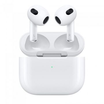 Apple Casti in ear, Apple, AirPods, Plastic, Bluetooth 5.0, IPX4, Cablu USB-C, 54.5 x 21.38 x 46.4 mm, Alb