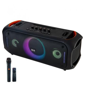 Boxa portabila Akai cu microfon fara fir si telecomanda, bluetooth 5.3 putere 80W, puterea de emisie a canalului BT 2 dbm, baterie 7,4 V, 6000 mAh, tip baterie Litiu-ion, radio FM 87.5-108MHz, frecventa microfonului 2402-2480 MHz, cu intrare AUX, slot