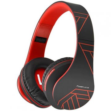 PowerLocus Casti Wireless Over-Ear PowerLocus P2, HD Stereo Pliabile, Bluetooth 5.3 cu optiune AUX, Micro SD / TF, FM Microfon Incorporat pentru iPhone, Android, Laptop, PC, Negru/Rosu