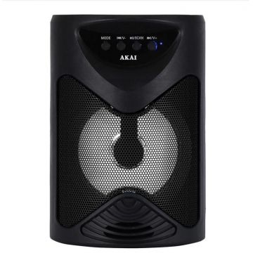 Boxa portabila Akai ABTS-704, Bluetooth 4.2, radio FM, 1x port USB pentru mp3 player, 1x slot card TF, lumini LED, baterie reincarcabila, 1x slot pentru microfon, timp de incarcare 2 ore, timp de folosire 1.5 ore la volum maxim