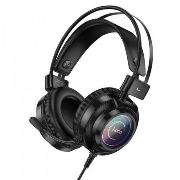 Casti Gaming Stereo HOCO W110 RGB, USB+Jack 3.5mm, Over Ear, Microfon (Negru)