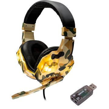 spacer Casti Spacer, cu fir, standard, utilizare gaming, microfon pe brat, conectare prin adaptor USB 2.0 sau Jack 3.5 mm x 2, lumina verde, camuflaj, „SPGH-CAMO-USB