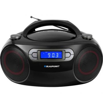 Microsistem Blaupunkt BB18BK, FM, CD, MP3, USB, AUX, 4W RMS, alarma, antena telescopica, LCD, alimentare la retea/baterii, negru